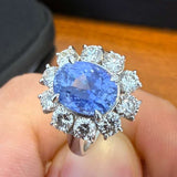 Oval Blue Sapphire Diamond Cluster Ring in PT950 / 6.3g, S3.44ct, D1.23ct