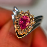 Pink Sapphire Pear Halo V Ring in PT900 & 18K / 9.3g, PS0.91ct, D0.62ct