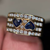 18K Twin Heart Sapphire Diamond Cigar Band / 9.1g, S 0.90ct with Diamonds