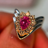 Pink Sapphire Pear Halo V Ring in PT900 & 18K / 9.3g, PS0.91ct, D0.62ct
