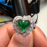 Emerald Heart Cabochon Halo Ring in PT900 / E2.67ct, D0.89ct